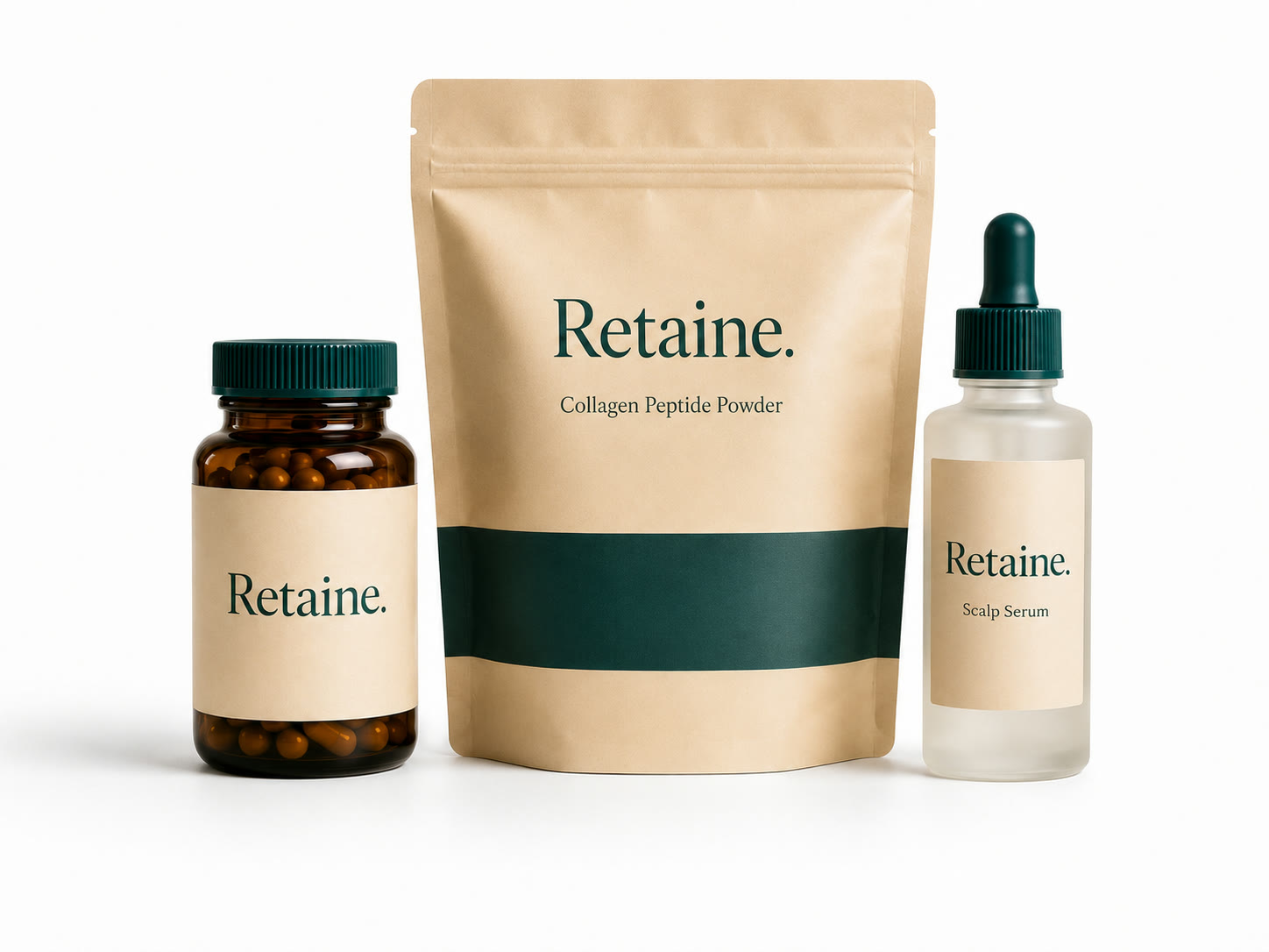 The complete Retaine system: capsule bottle, collagen pouch, and scalp serum