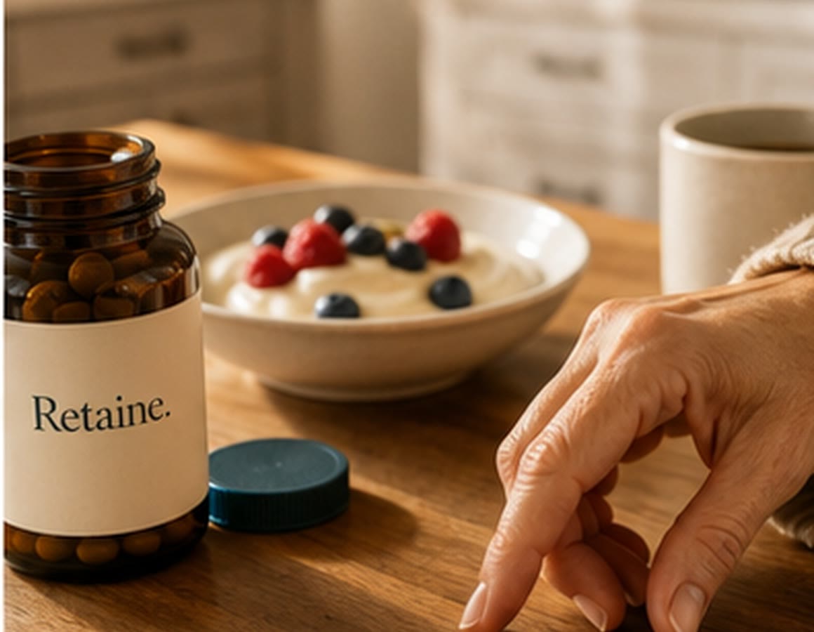 Retaine Daily Hair Nutrient Capsules — amber bottle with two capsules beside it