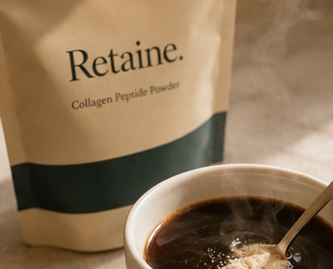 Retaine Collagen Peptide Powder pouch with a scoop of unflavored powder