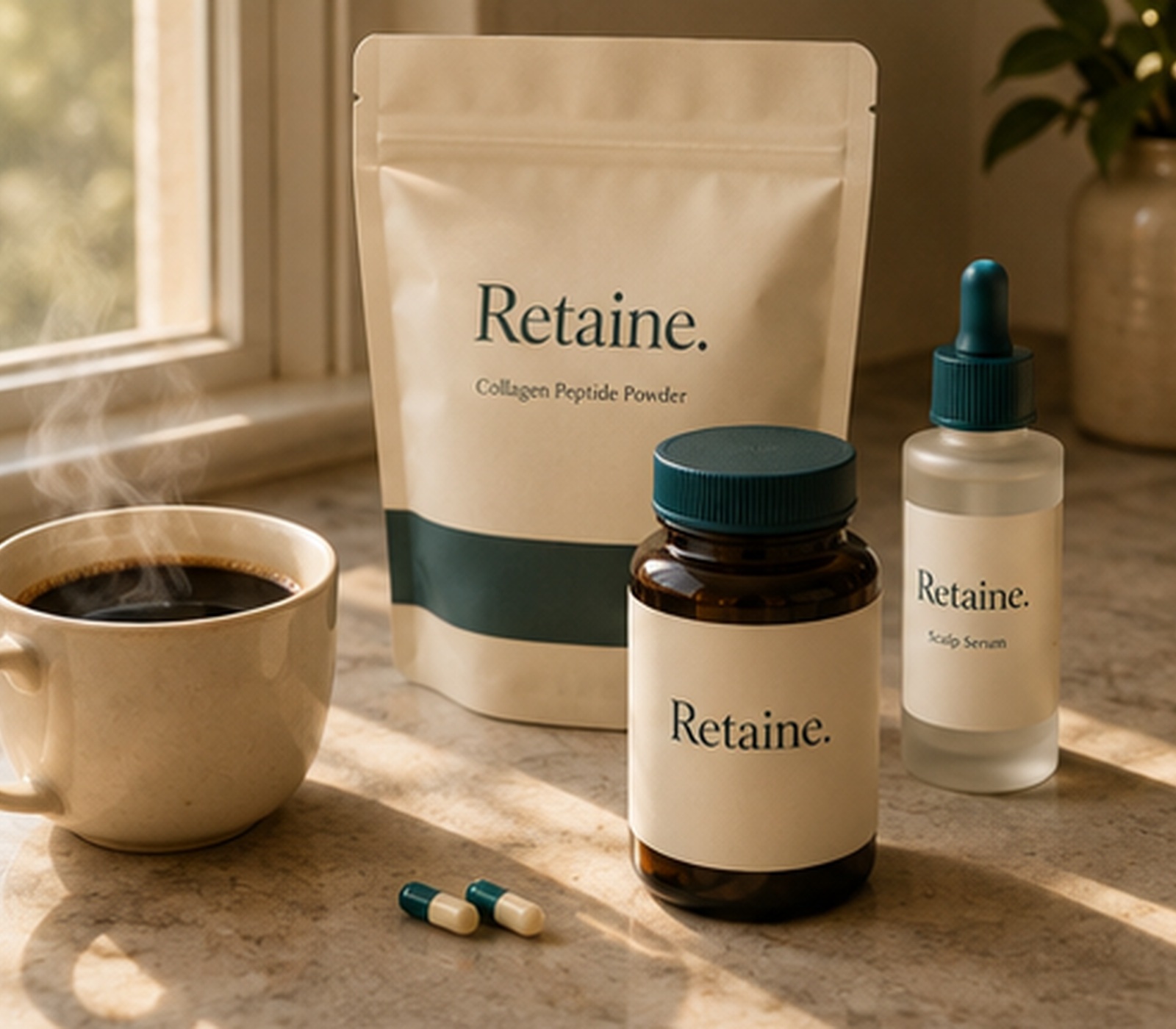 The Retaine 3-part system — nutrient capsule bottle, collagen peptide pouch, and scalp serum — on a counter beside a morning coffee