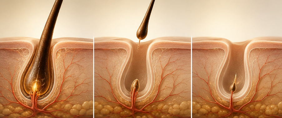 Three-stage medical illustration of the hair cycle: a thick growing hair, a hair detaching and shedding, and a follicle resting with new growth beginning