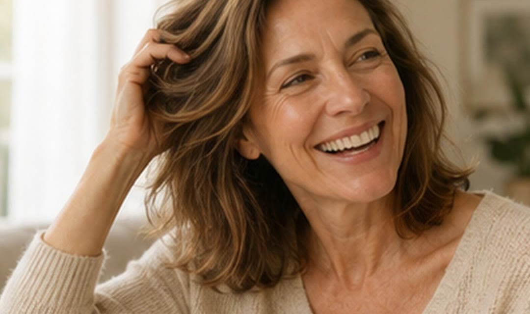 A woman in her fifties laughing, running her hand through healthy shoulder-length hair
