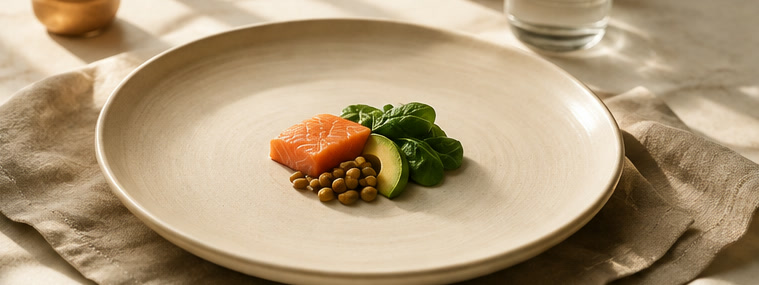 A small, neat portion of salmon and vegetables centered on a large dinner plate — much less food than before